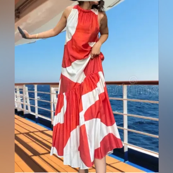 H&M Voluminous maxi dress back tie red/orange/white watermarks NO LOW BALLING!! - Picture 3 of 12